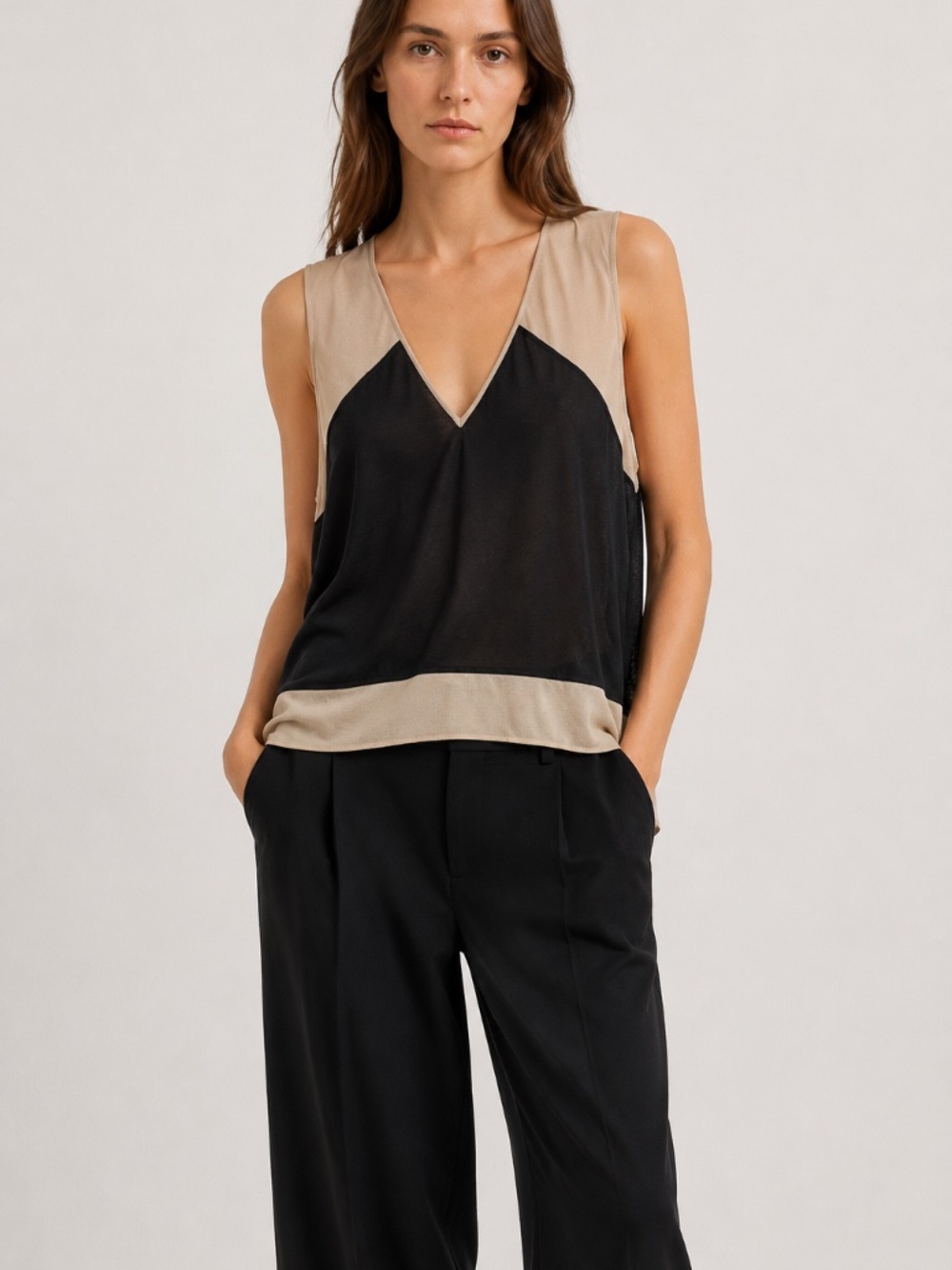 NWT Helmut Lang Colorblock Silk-Trimmed Tank Top Black/Taupe Oversized Size PM